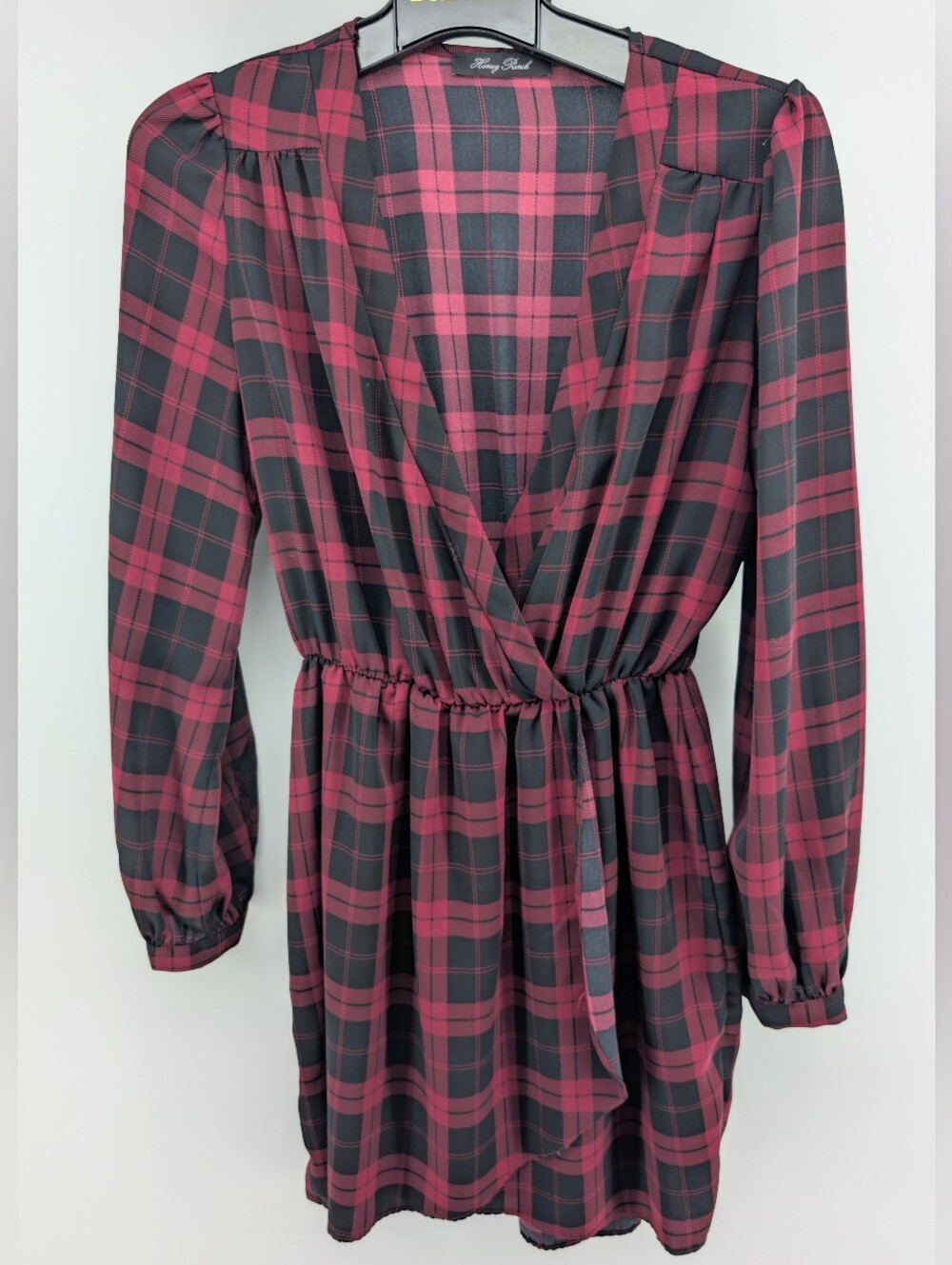 Honey Punch Plaid Wrap Mini Dress With Elastic Waist